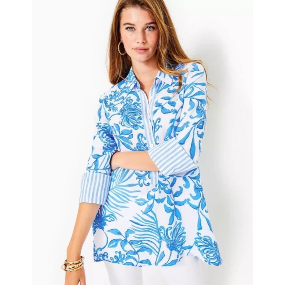 Lilly Pulitzer‎ Riverlyn Tunic Top  100% Linen Glisten In Sun Blue NEW Sz Large